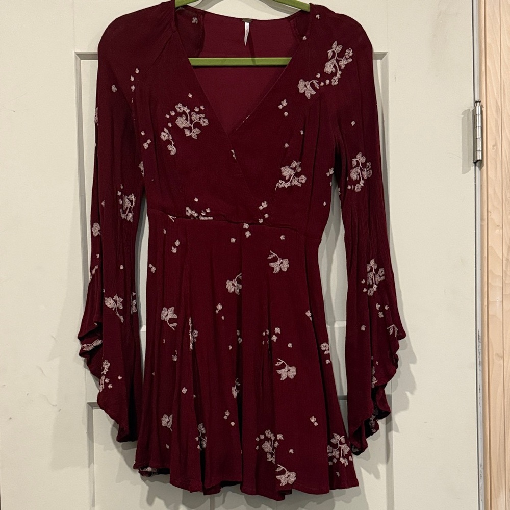 Free People Maroon Floral Long Sleeve Dress